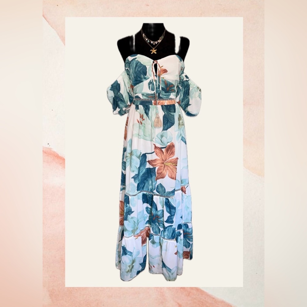Chicways - Blue & Bronze Floral Off the Shoulder Maxi Dress - Sz L